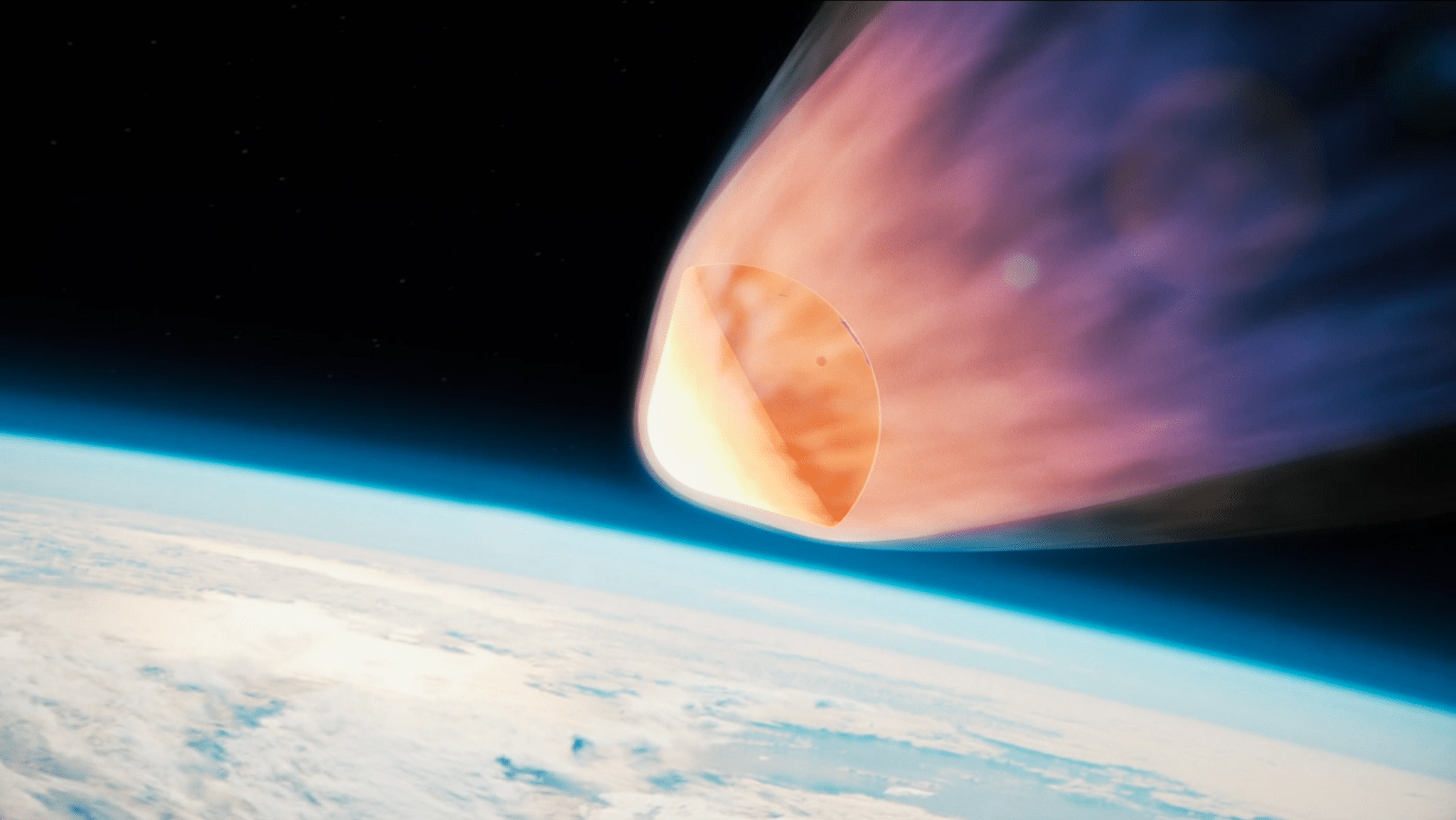 Orange fire surrounds a top-shaped capsule plunging toward Earth, with flames streaming out behind it into the blackness of space. A cloud-covered Earth is visible below.