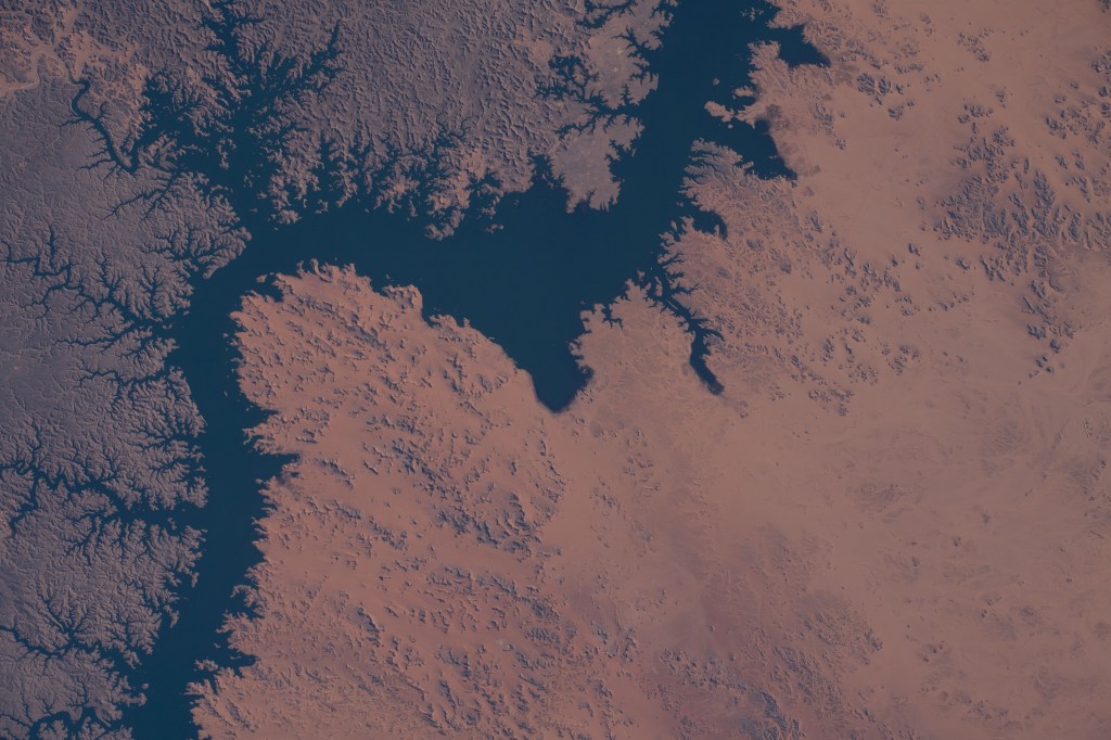 Lake Nasser, a vast reservoir in southern Egypt and northern Sudan, is pictured from the International Space Station as it orbited above northeast Africa.
