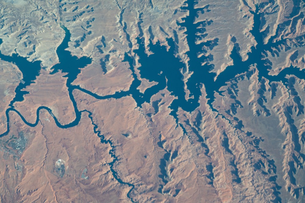 Lake Powell, pictured from the International Space Station, reaches from Arizona and into Utah, with the majority of the water body located in the Beehive State.