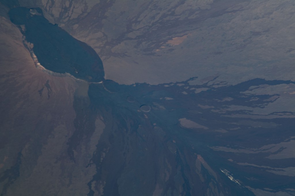 Mauna Loa, the world's largest active volcano, was pictured on the island of Hawaii as the International Space Station orbited above the Pacific Ocean to the northeast of the island chain.