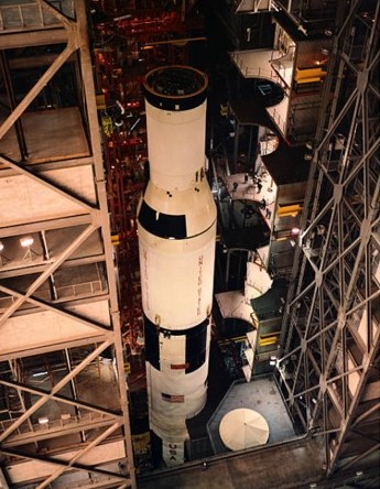 In High Bay 2 of the Vehicle Assembly Building at NASA’s Kennedy Space Center (KSC) in Florida, the three stages of the Apollo 10 Saturn V await the arrival of the spacecraft