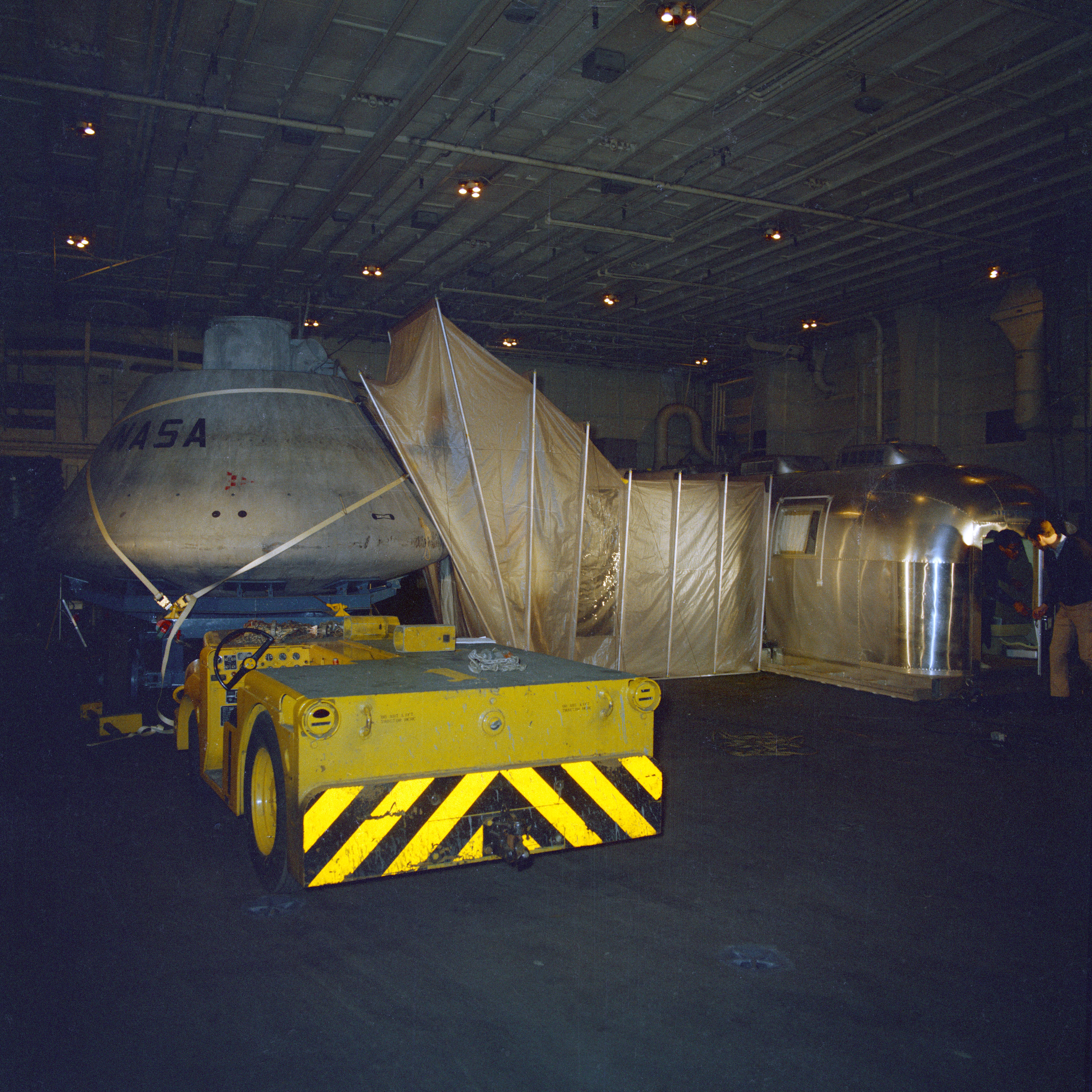 The flexible tunnel set up between the MQF and a mockup Command Module