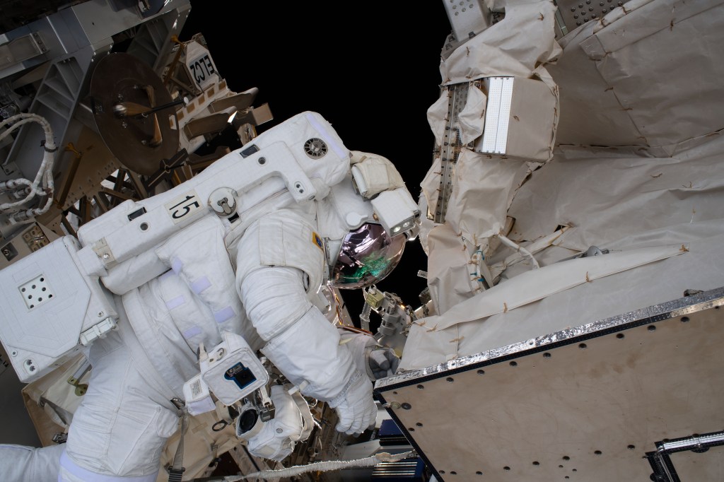 NASA astronaut Andrew Morgan is tethered to the International Space Station during the third spacewalk to upgrade the Alpha Magnetic Spectrometer's thermal pump system.