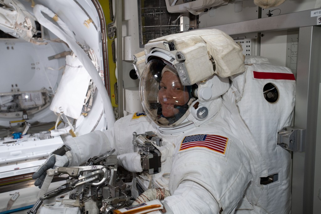 NASA astronaut Anne McClain is suited up in the U.S. Quest airlock preparing to begin what would be a six-and-a-half hour spacewalk with astronaut David Saint-Jacques (out of frame) of the Canadian Space Agency. The two spacewalkers established a redundant path of power to the Canadian-built robotic arm, known as Canadarm2, and installed cables to provide for more expansive wireless communications.