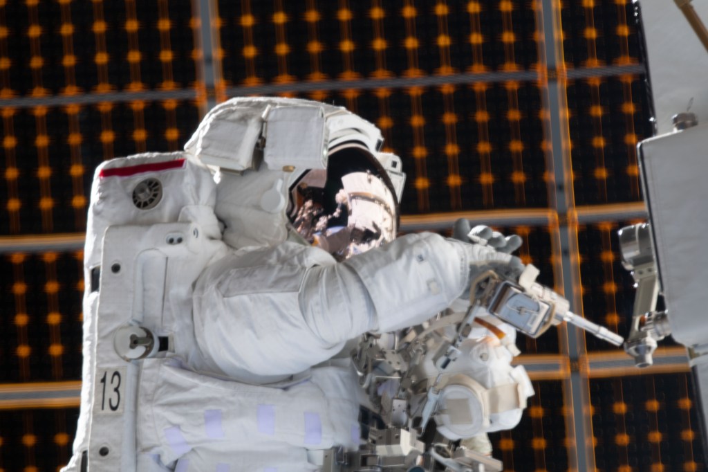NASA astronaut Jessica Meir is pictured during a spacewalk she conducted with NASA astronaut Christina Koch Jessica Meir (out of frame) to install new lithium-ion batteries that store and distribute power collected from solar arrays on the station’s Port-6 truss structure.