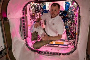 NASA astronaut Nick Hague floats inside the vestibule that connects the European Space Agency's Columbus laboratory module with NASA's Harmony module.
