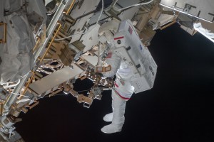 NASA astronaut Nick Hague participates in his second spacewalk to upgrade the International Space Station's power storage capacity. He and fellow spacewalker Christina Koch (out of frame) of NASA worked outside in the vacuum of space for six hours and 45 minutes to continue swapping batteries and install adapter plates on the station's Port-4 truss structure.