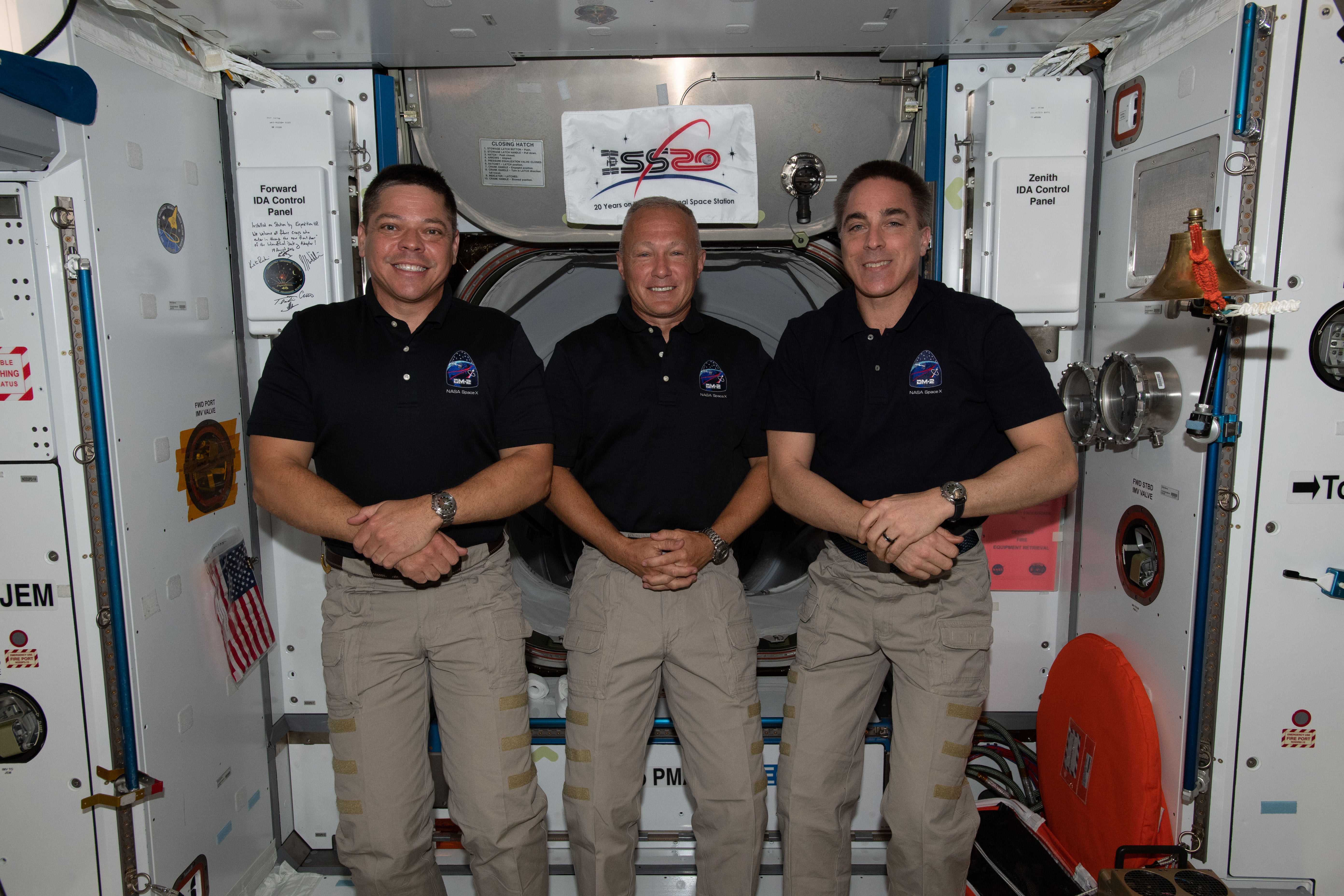 NASA astronauts (from left) Bob Behnken, Doug Hurley and Chris Cassidy are the U.S. members of the Expedition 63 crew. Behnken and Hurley are the International Space Station's newest crewmates after arriving May 31 aboard the SpaceX Crew Dragon. Cassidy is the station Commander and has been on the orbiting lab since April 9 when he arrived with (out of frame) Flight Engineers Anatoly Ivanishin and Ivan Vagner aboard the Soyuz MS-16 crew ship.