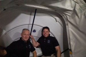 NASA's commercial crew astronauts and Expedition 63 Flight Engineers (front row, from left) Bob Behnken and Doug Hurley pose for a portrait before departing the International Space Station aboard the SpaceX Crew Dragon spacecraft.