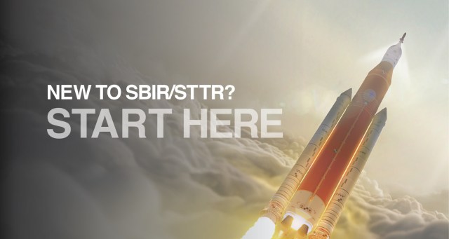 Shuttle launching through the clouds with white text that says NEW TO SBIR/STTR? START HERE