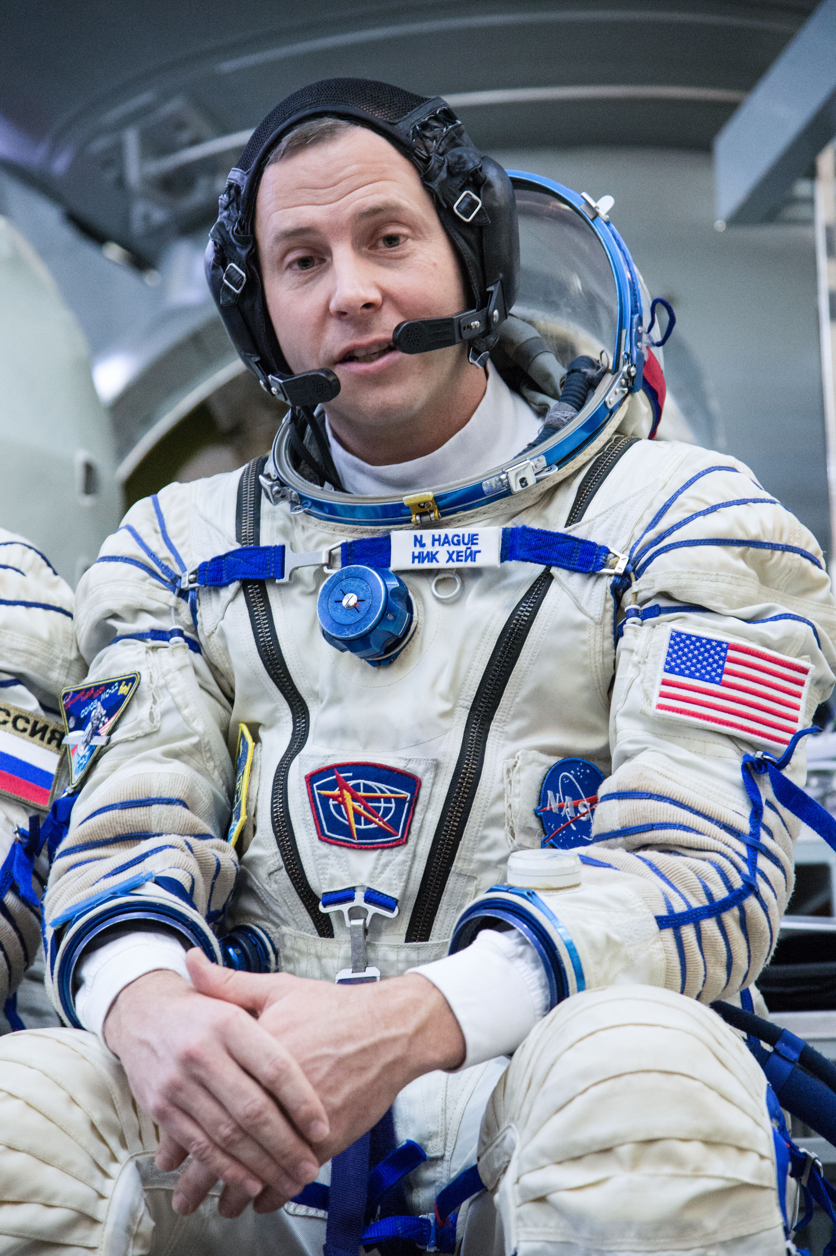 At the Gagarin Cosmonaut Training Center in Star City, Russia, Expedition 59 crew member Nick Hague of NASA answers reporters’ questions Feb. 20 during the second day of final pre-launch qualification exams. Hague, Christina Koch of NASA and Alexey Ovchinin of Roscosmos will launch March 14, U.S. time, in the Soyuz MS-12 spacecraft from the Baikonur Cosmodrome in Kazakhstan for a six-and-a-half month mission on the International Space Station.