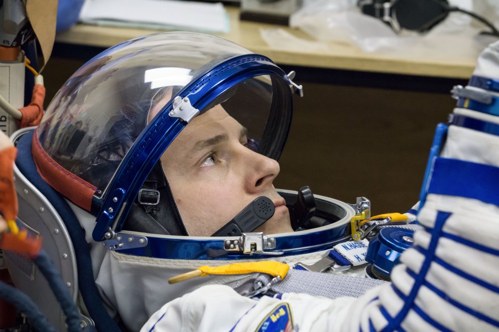 At the Baikonur Cosmodrome in Kazakhstan, Expedition 59 crew member Nick Hague of NASA undergoes a Sokol launch suit pressure check Feb. 27 during pre-launch training. Hague, Christina Koch of NASA and Alexey Ovchinin of Roscosmos will launch March 14, U.S. time, on the Soyuz MS-12 spacecraft from the Baikonur Cosmodrome in Kazakhstan for a six-and-a-half month mission on the International Space Station.