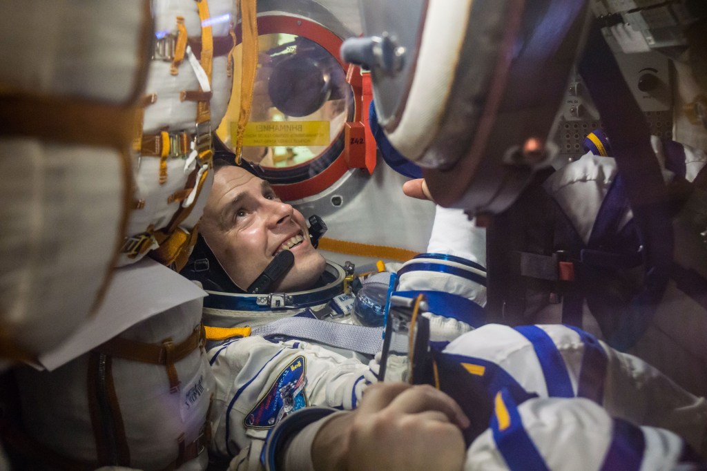 At the Baikonur Cosmodrome in Kazakhstan, Expedition 59 crew member Nick Hague of NASA works inside the Soyuz MS-12 spacecraft Feb. 27 during pre-launch training. Hague, Christina Koch of NASA and Alexey Ovchinin of Roscosmos will launch March 14, U.S. time, on the Soyuz MS-12 spacecraft from the Baikonur Cosmodrome in Kazakhstan for a six-and-a-half month mission on the International Space Station.