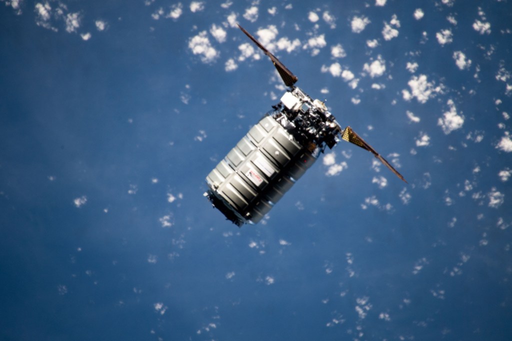 Northrop Grumman's Cygnus space freighter approaches the International Space Station 254 miles above the South China Sea.