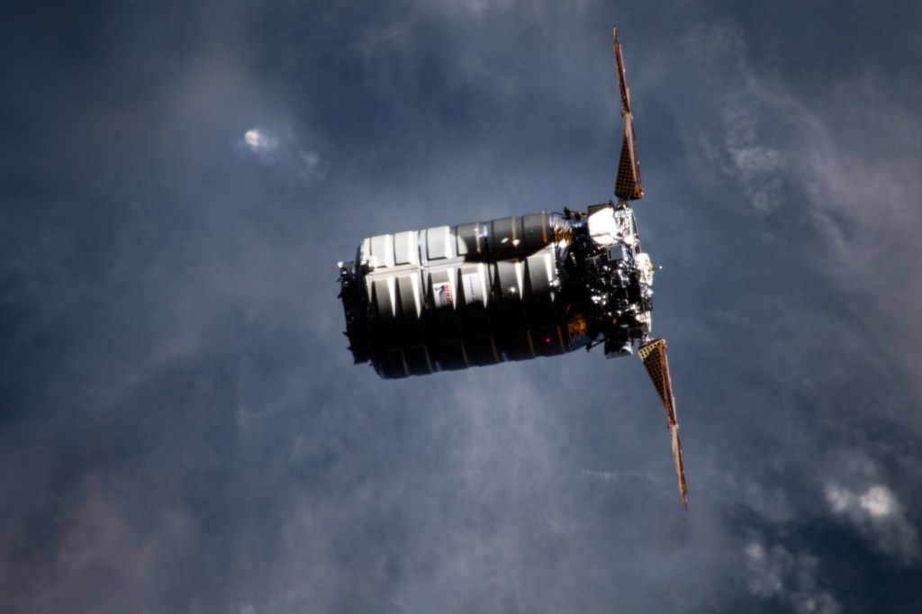 Northrop Grumman's Cygnus space freighter approaches the International Space Station 254 miles above the Philippines.