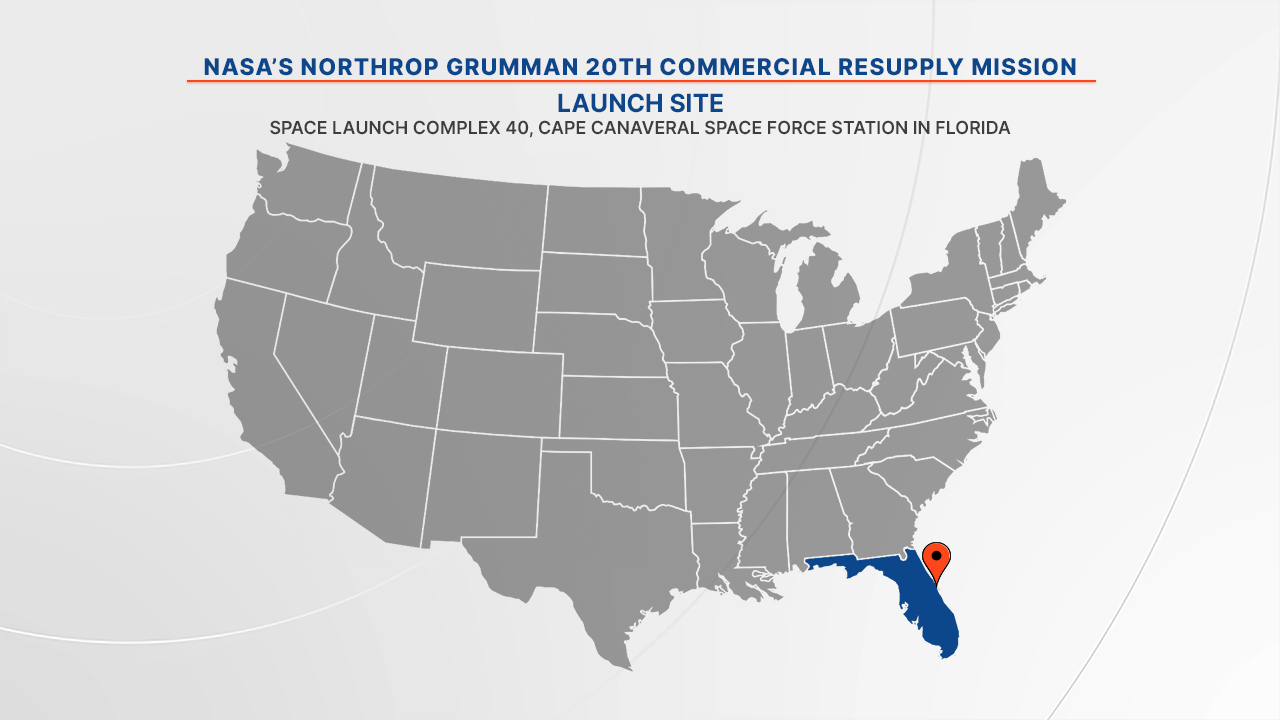 NASA's Northrop Grumman 20th commercial resupply mission will launch from Space Launch Complex 40 at Cape Canaveral Space Force Station in Florida.