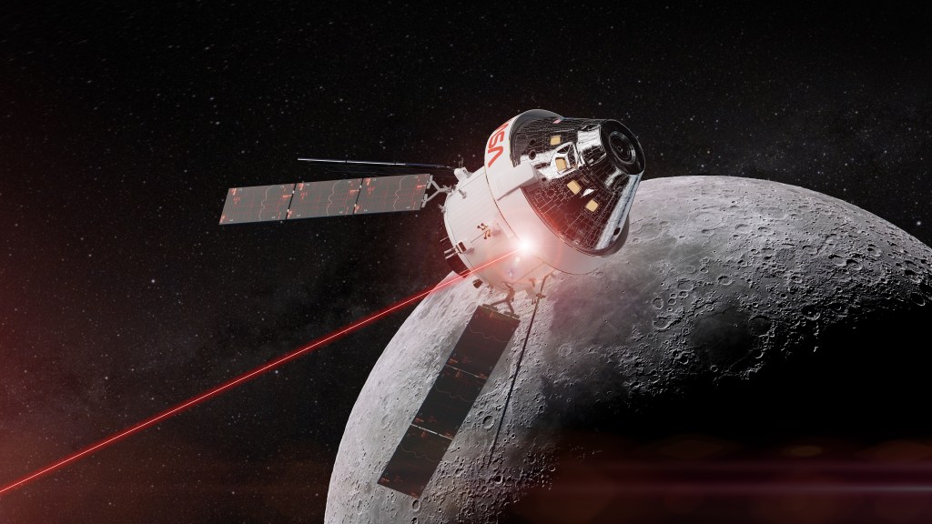 An artist’s illustration of NASA’s Orion spacecraft communicating to Earth over laser links. 