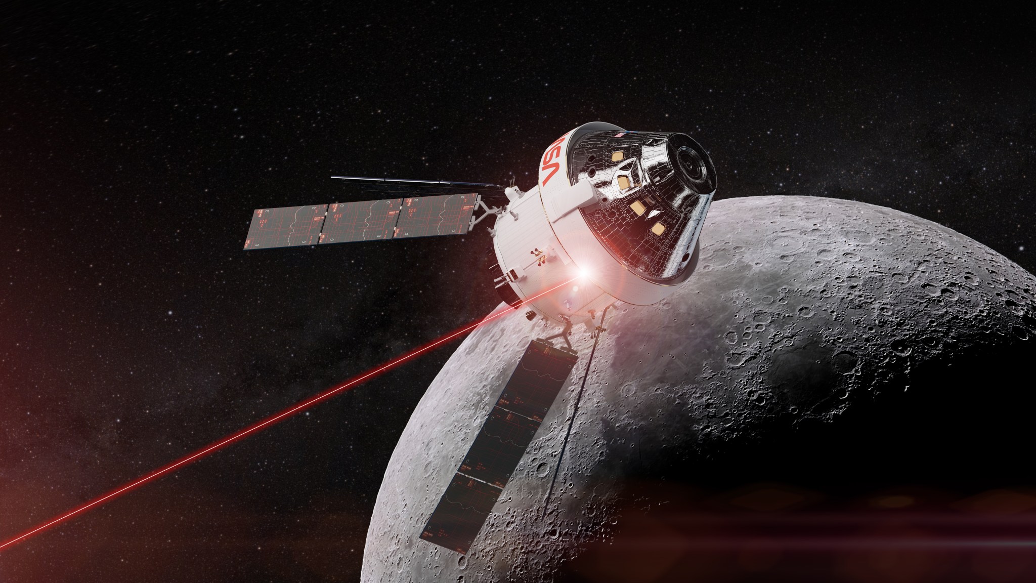 An artist’s illustration of NASA’s Orion spacecraft, a silver and white spaceship with four solar panels, flying through space. A glowing red beam of light, representing laser communications, is seen projecting from the body of the spacecraft and travels off screen. The shadowed crater-filled surface of the Moon is shown behind the spacecraft. A dark grey space scene covered with subtle stars fills the background.