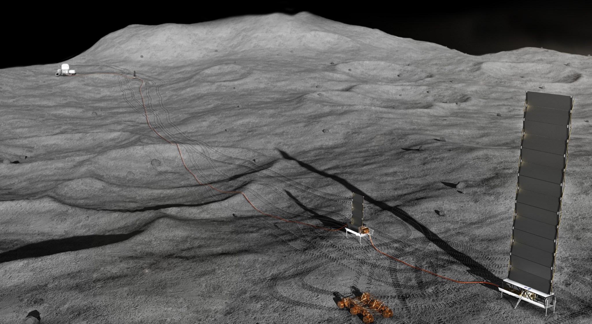 A concept image of the Fission Surface Power Project on the lunar surface. The lunar surface is grey and is filled with craters and rover tracks.