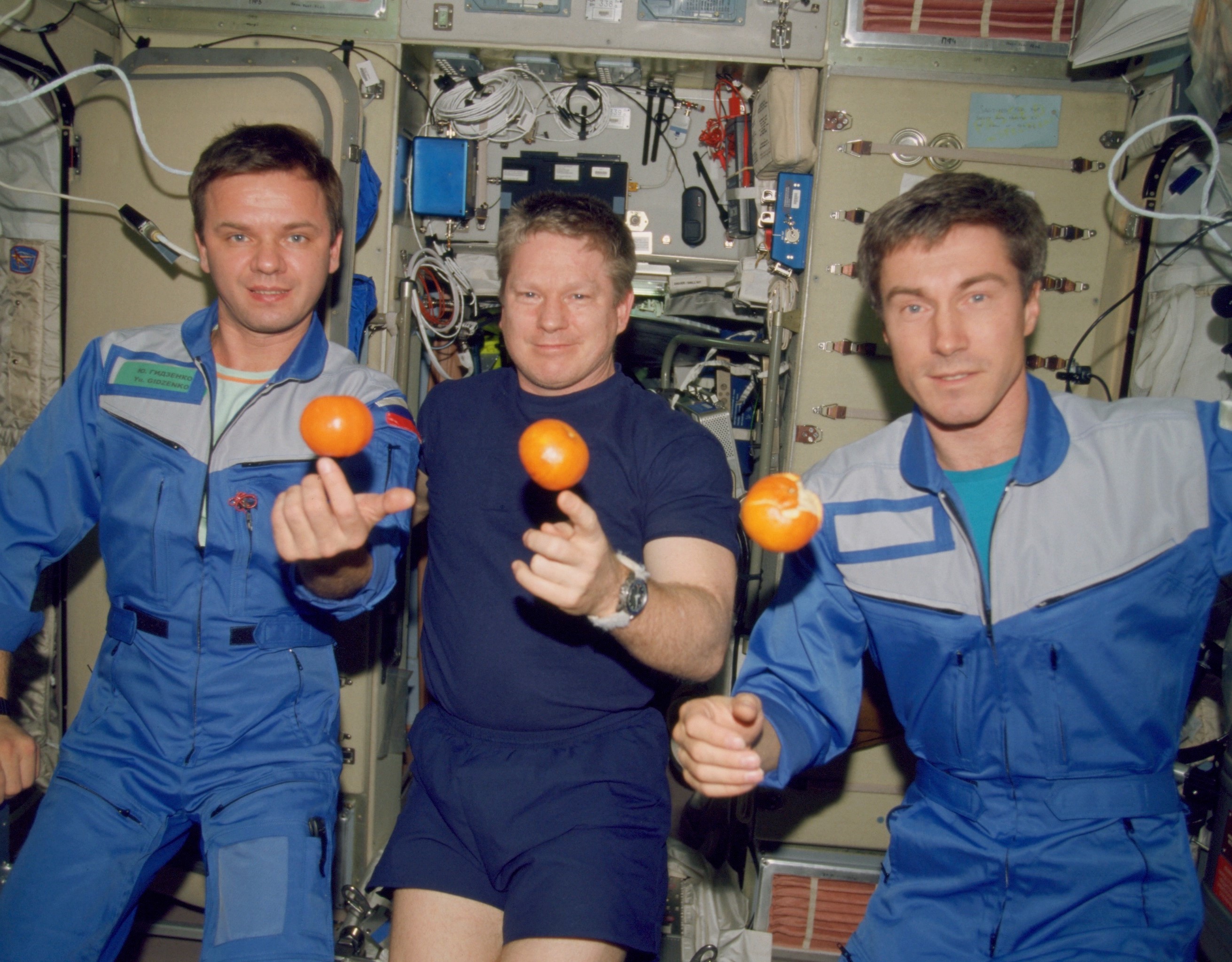 The Expedition 1 crew of Yuri P. Gidzenko of the Russian Space Agency (RSA), now Roscosmos, William M. Shepherd of NASA, and Sergei K. Krikalev of RSA