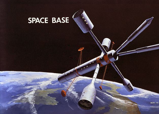 Illustration of one concept of a space base as proposed by the Space Task Group in 1969
