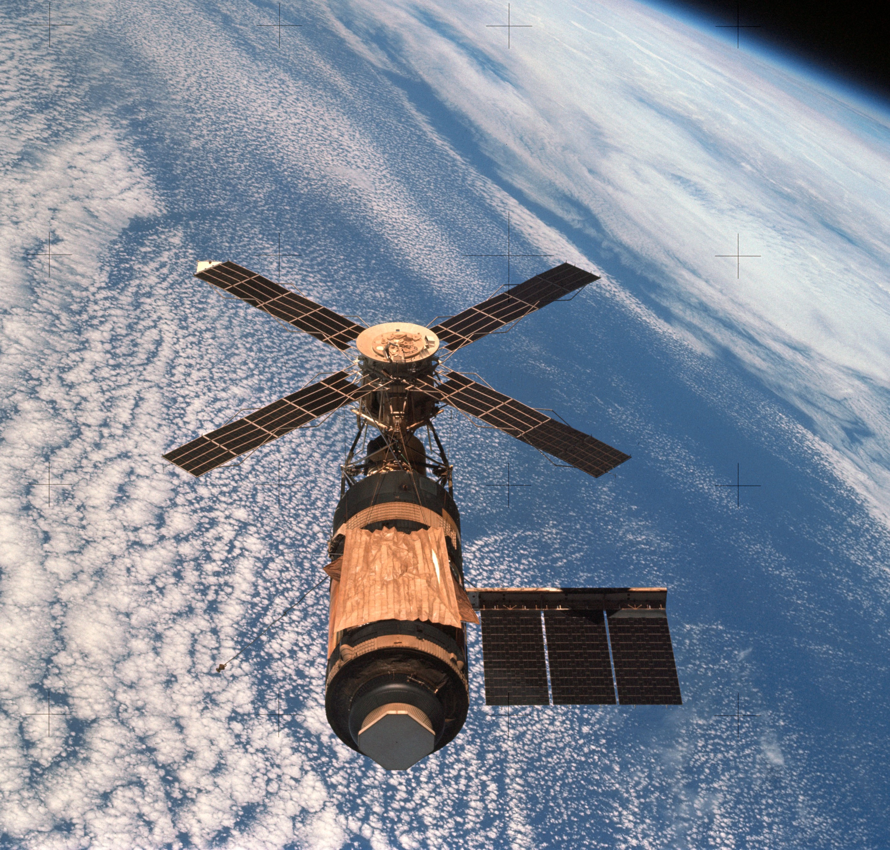The Skylab space station, photographed by the third and final crew after its departure in 1974