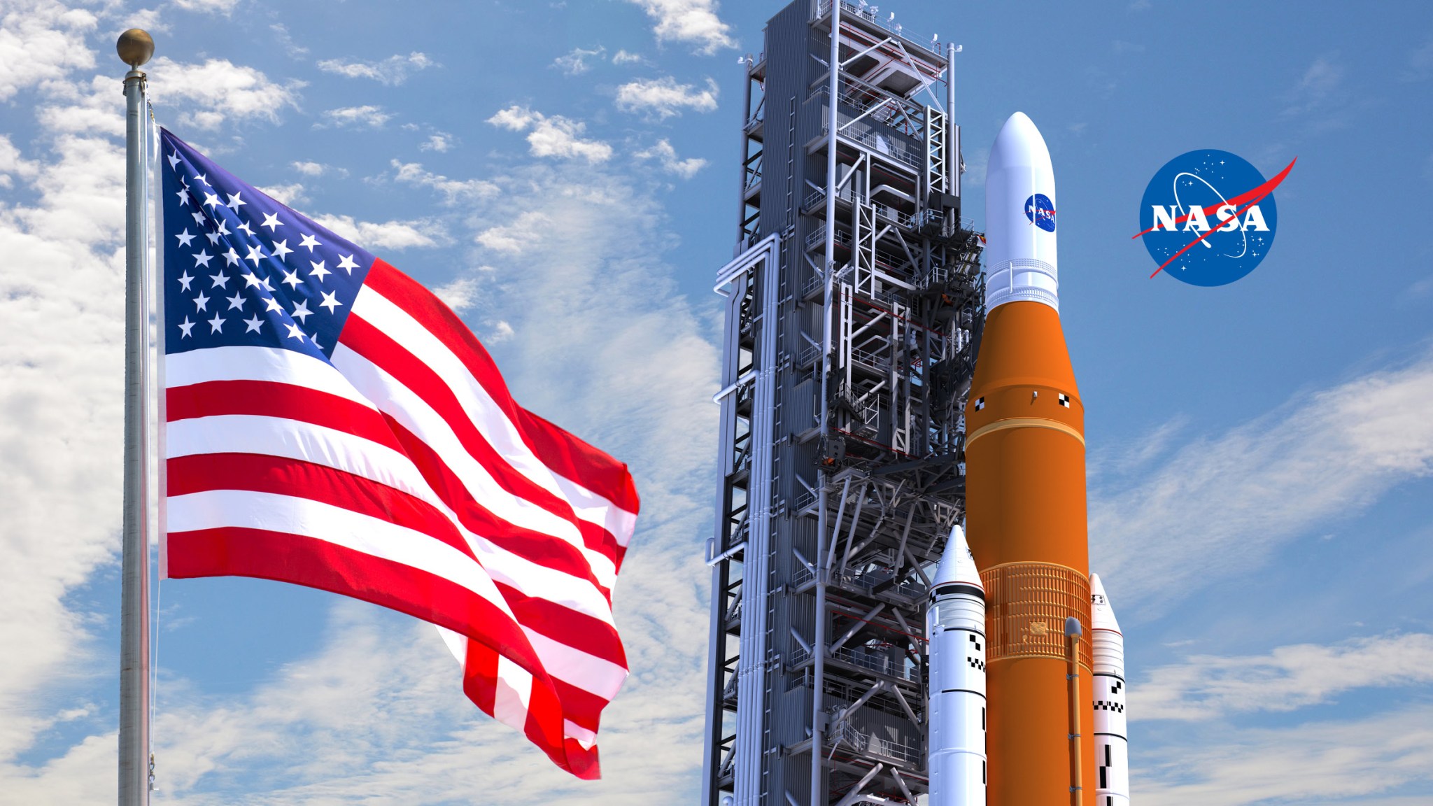 American flag waving in the wind on the left side, slightly in front of a orange and white space shuttle pointed toward the sky.