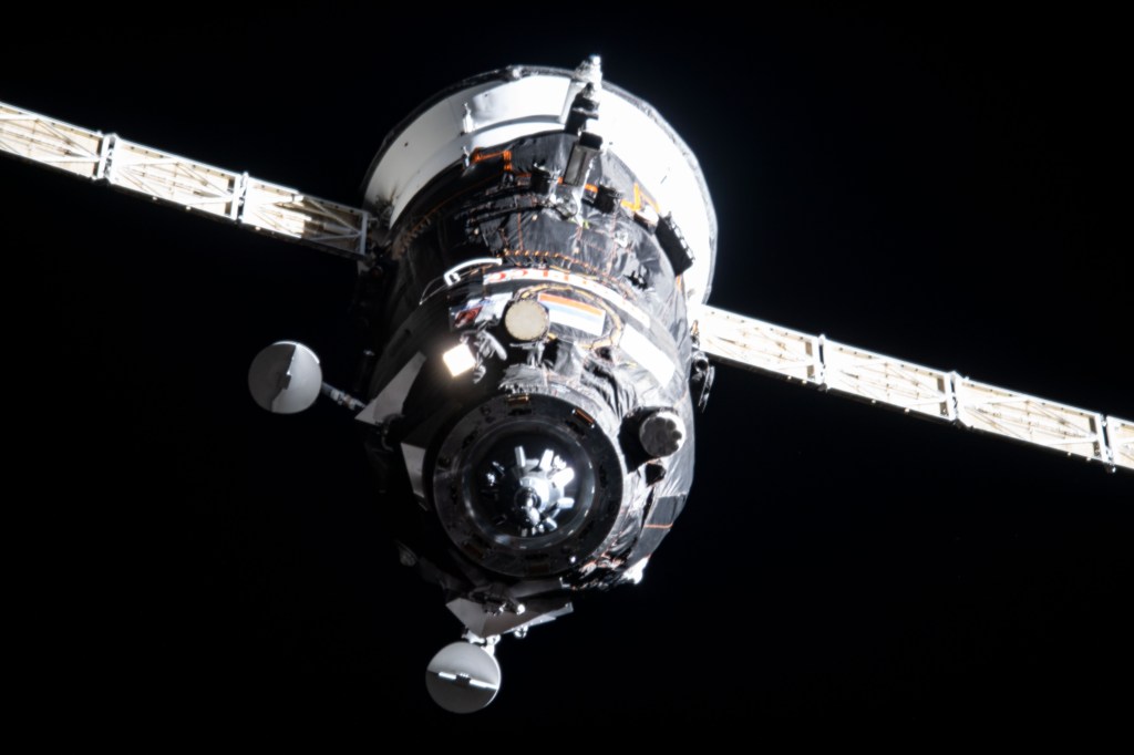 Russia's Progress 76 resupply ship, packed with nearly three tons of food, fuel and supplies, approaches the International Space Station where it would dock to the Pirs docking compartment.