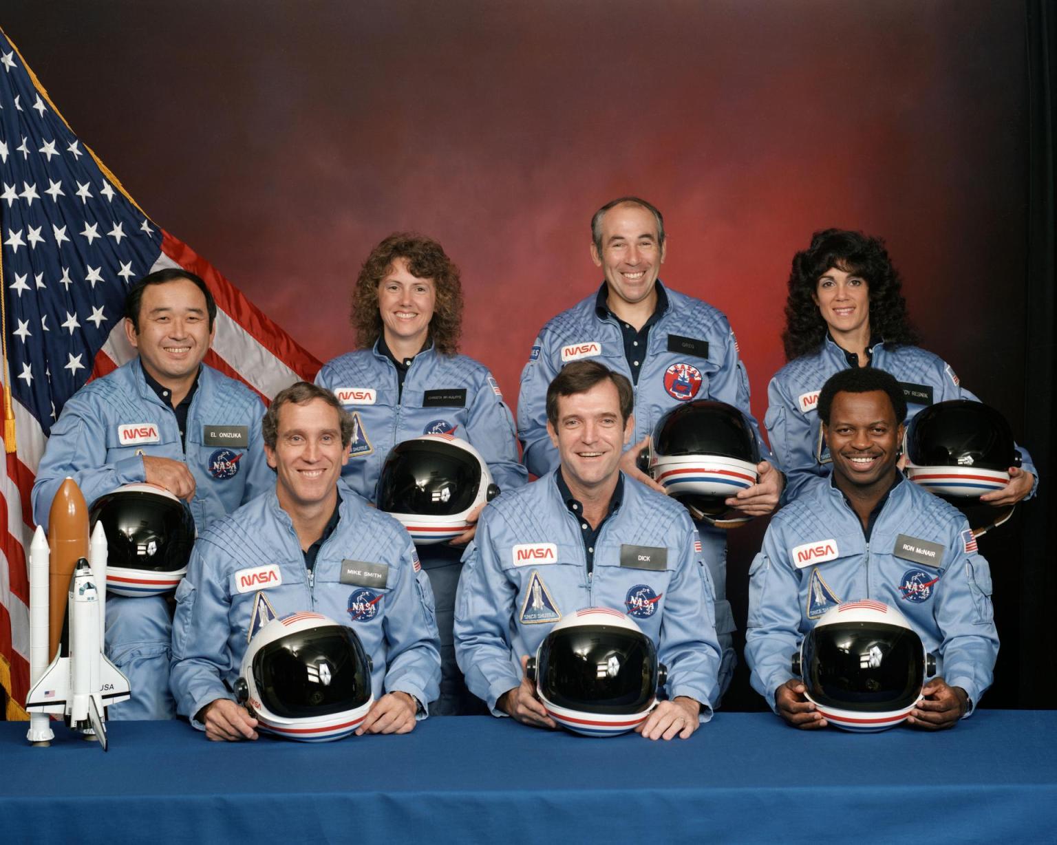 STS-51L Crew (l-r): Mission Specialist Ellison S. Onizuka, Pilot Michael J. Smith, Payload Specialist Christa McAuliffe, Commander Francis R. “Dick” Scobee, Payload Specialist Gregory B. Jarvis, Mission Specialist Judith A. Resnik, Mission Specialist Ronald E. McNair Image Credit: NASA