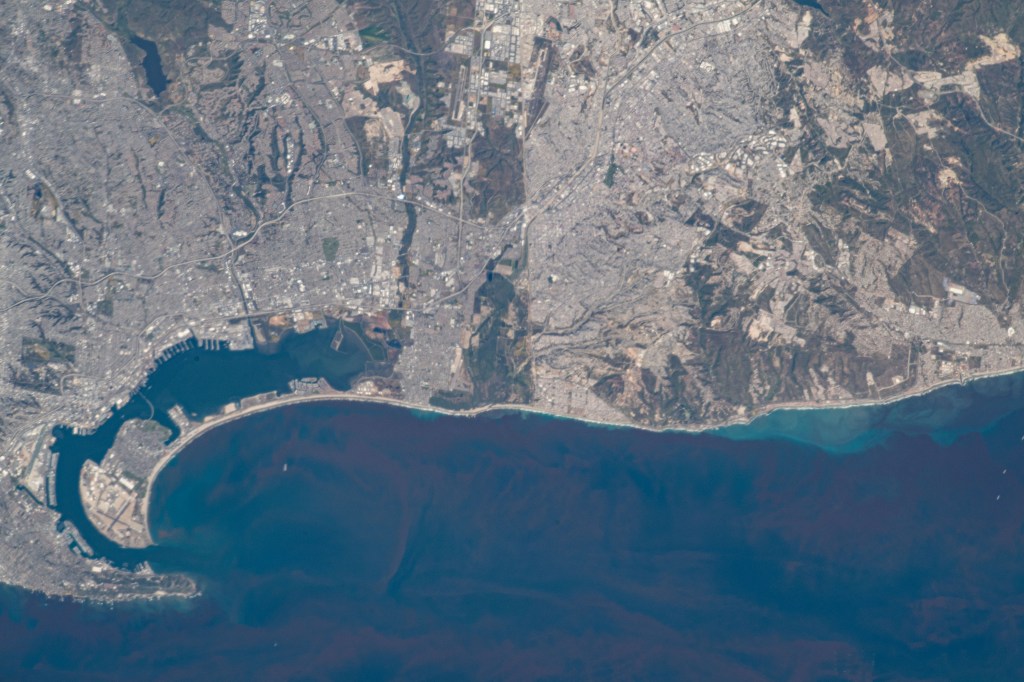 The California cities of San Diego, National City and Chula Vista surround San Diego Bay which is just a few miles north of the U.S.-Mexican border. The International Space Station was just off the coast above the Pacific Ocean when this photograph was taken.
