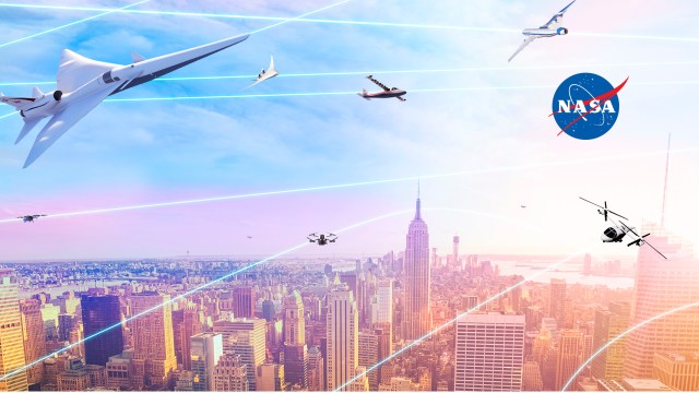 City scape at sunrise with multiple airplanes and other flying vehicles