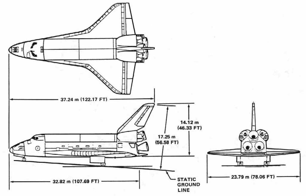 Diagram showing the length, width, height, and other dimensions of the space shuttle orbiter.