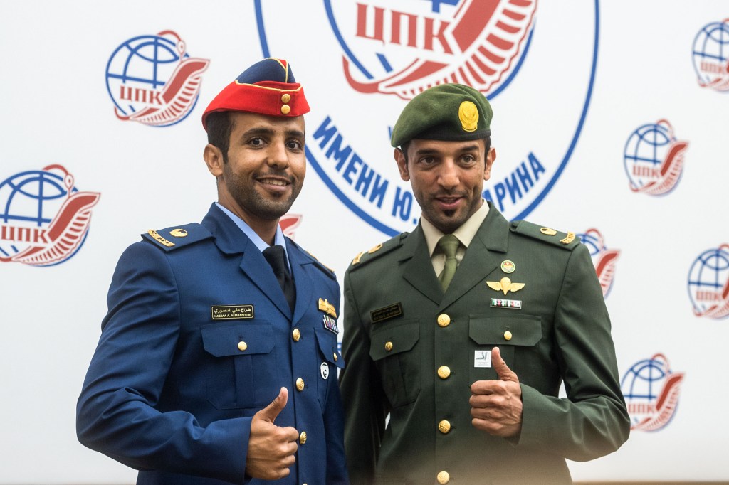 At the Gagarin Cosmonaut Training Center in Star City, Russia, prime spaceflight participant Hazzaa Ali Almansoori of the United Arab Emirates (left) and his backup, Sultan Al-Neyadi of the United Arab Emirates (right) pose for pictures Sept. 5 during a pre-flight news conference. Almansoori will launch with Expedition 61 crewmembers Oleg Skripochka of Roscosmos and Jessica Meir of NASA Sept. 25 from the Baikonur Cosmodrome in Kazakhstan on the Soyuz MS-15 spacecraft for a mission on the International Space Station. Image: Gagarin Cosmonaut Training Center.