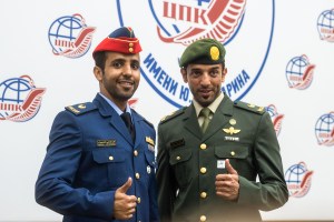 At the Gagarin Cosmonaut Training Center in Star City, Russia, prime spaceflight participant Hazzaa Ali Almansoori of the United Arab Emirates (left) and his backup, Sultan Al-Neyadi of the United Arab Emirates (right) pose for pictures Sept. 5 during a pre-flight news conference. Almansoori will launch with Expedition 61 crewmembers Oleg Skripochka of Roscosmos and Jessica Meir of NASA Sept. 25 from the Baikonur Cosmodrome in Kazakhstan on the Soyuz MS-15 spacecraft for a mission on the International Space Station. Image: Gagarin Cosmonaut Training Center.