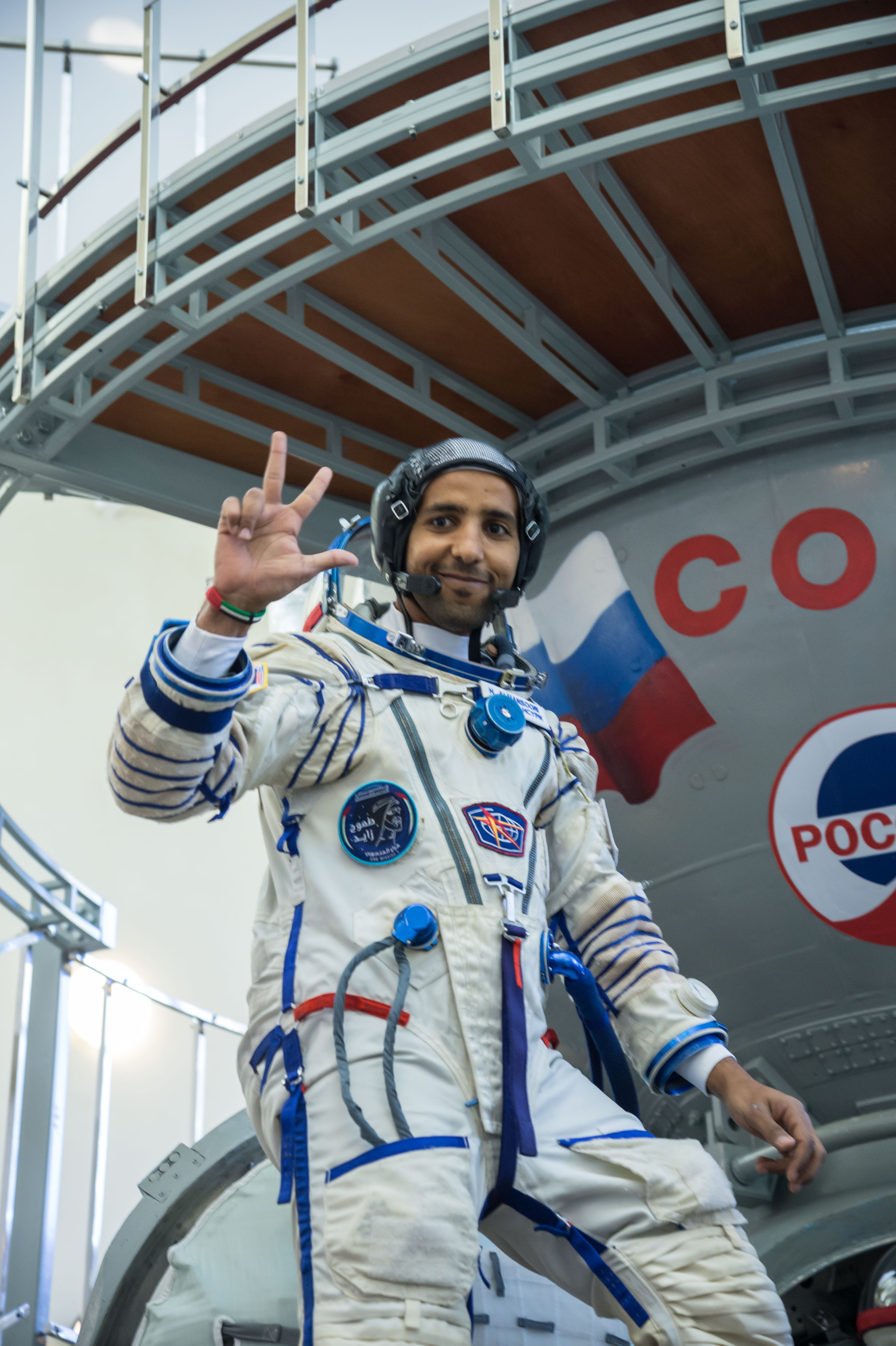 At the Gagarin Cosmonaut Training Center in Star City, Russia, spaceflight participant Hazzaa Ali Almansoori of the United Arab Emirates climbs aboard a Soyuz trainer during final crew qualification exams Aug. 30. Almansoori will launch with Expedition 61 crewmembers Oleg Skripochka of Roscosmos and Jessica Meir of NASA Sept. 25 on the Soyuz MS-15 spacecraft from the Baikonur Cosmodrome in Kazakhstan for a mission on the International Space Station.