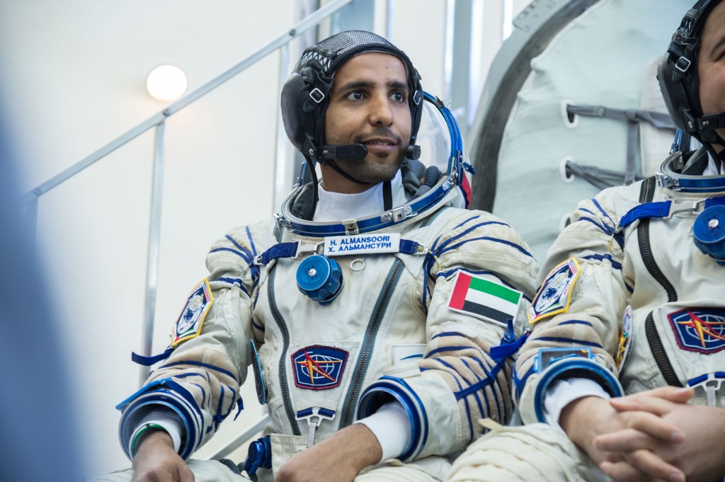 At the Gagarin Cosmonaut Training Center in Star City, Russia, spaceflight participant Hazzaa Ali Almansoori of the United Arab Emirates listens to a reporter’s question during final crew qualification exams Aug. 30. Almansoori will launch with Expedition 61 crewmembers Jessica Meir of NASA and Oleg Skripochka of Roscosmos Sept. 25 on the Soyuz MS-15 spacecraft from the Baikonur Cosmodrome in Kazakhstan for a mission on the International Space Station.