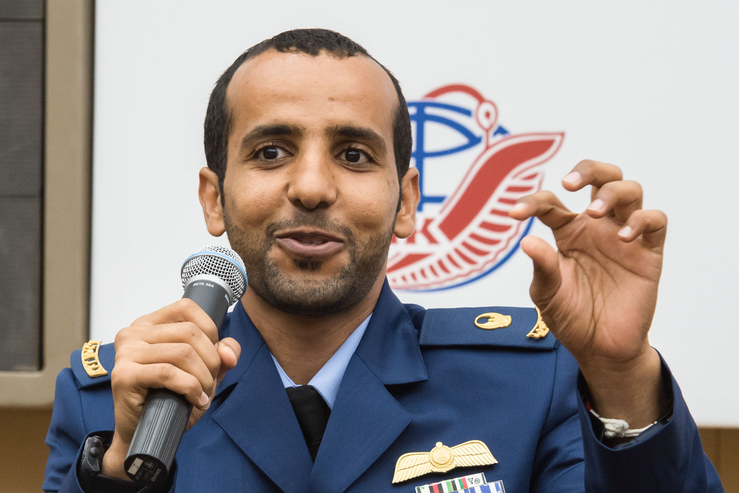 At the Gagarin Cosmonaut Training Center in Star City, Russia, spaceflight participant Hazzaa Ali Almansoori of the United Arab Emirates answers a reporter’s question Sept. 5 as part of a pre-flight news conference. Almansoori, Oleg Skripochka of Roscosmos and Jessica Meir of NASA will launch Sept. 25 from the Baikonur Cosmodrome in Kazakhstan on the Soyuz MS-15 spacecraft for a mission on the International Space Station.