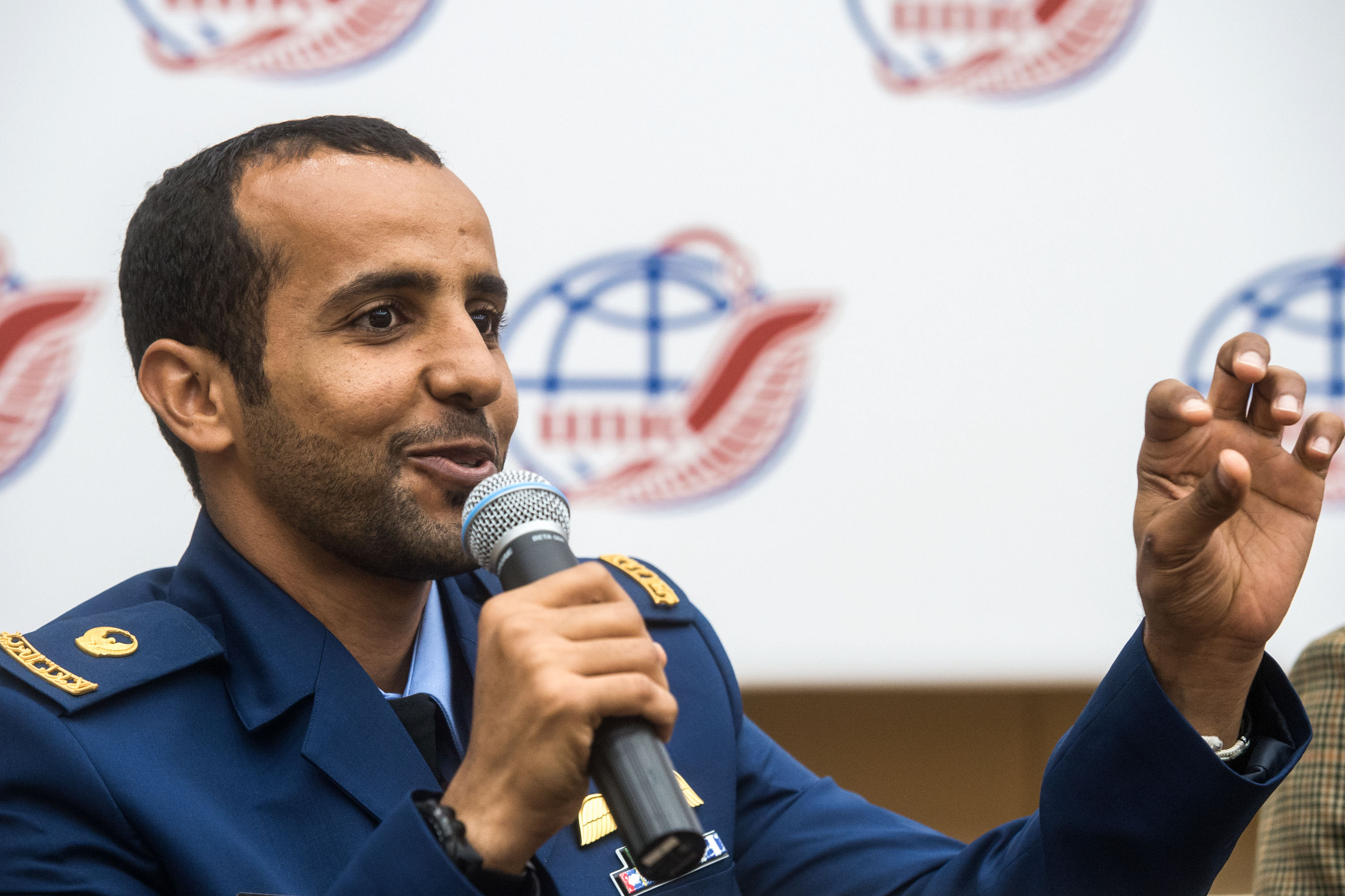 At the Gagarin Cosmonaut Training Center in Star City, Russia, spaceflight participant Hazzaa Ali Almansoori of the United Arab Emirates answers a reporter’s question Sept. 5 as part of a pre-flight news conference. Almansoori, Oleg Skripochka of Roscosmos and Jessica Meir of NASA will launch Sept. 25 from the Baikonur Cosmodrome in Kazakhstan on the Soyuz MS-15 spacecraft for a mission on the International Space Station.