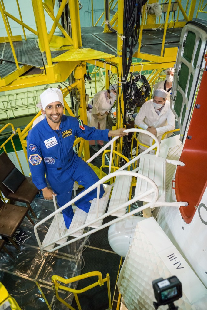 At the Baikonur Cosmodrome in Kazakhstan, spaceflight participant Hazzaa Ali Almansoori of the United Arab Emirates poses for pictures Sept. 20 before inspecting the Soyuz MS-15 spacecraft during final fit check activities. Almansoori and Expedition 61 crewmembers Oleg Skripochka of Roscosmos and Jessica Meir of NASA will launch Sept. 25 on the Soyuz MS-15 spacecraft for a mission on the International Space Station.
