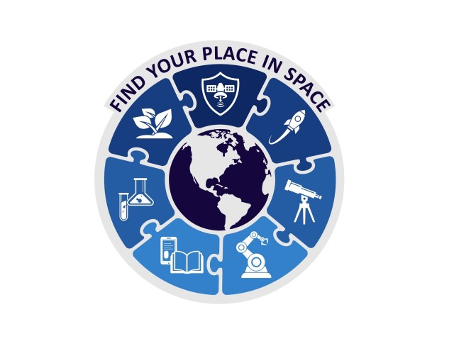 A circular logo with the words "Find Your Place In Space" at the top. In the center is a illustration of Earth. Surrounding the globe are seven puzzle pieces, each containing an icon: a satellite, a rocket, a telescope, a robotic arm, a book and a smartphone, beakers, and a leafy plant.