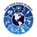 A circular logo with the words "Find Your Place In Space" at the top. In the center is a illustration of Earth. Surrounding the globe are seven puzzle pieces, each containing an icon: a satellite, a rocket, a telescope, a robotic arm, a book and a smartphone, beakers, and a leafy plant.
