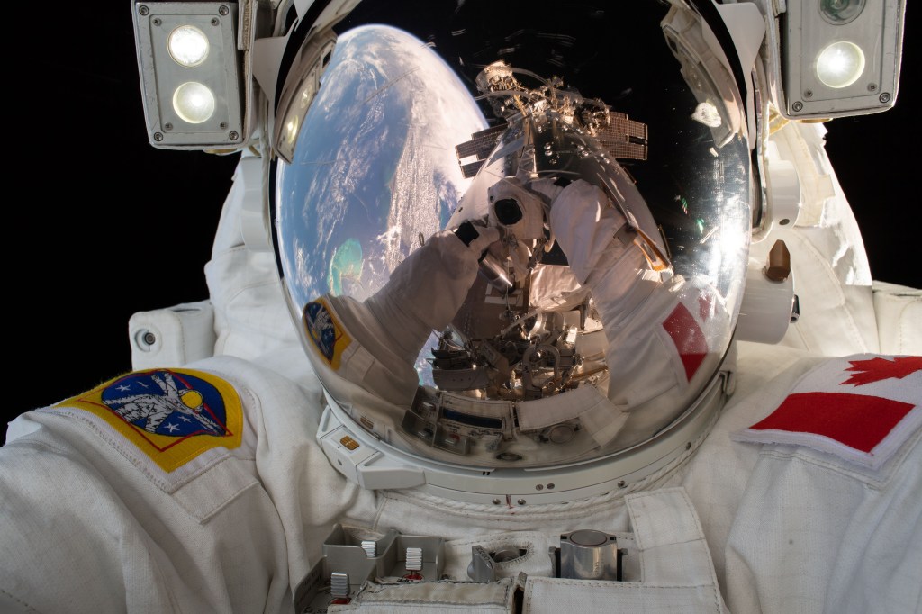 Expedition 59 Flight Engineer David Saint-Jacques of the Canadian Space Agency takes a quick self portrait while working outside the International Space Station. In a six and a half hour spacewalk, Saint-Jacques and NASA astronaut Anne McClain successfully established a redundant path of power to the Canadian-built robotic arm, known as Canadarm2, and installed cables to provide for more expansive wireless communications coverage outside the orbital complex, as well as for enhanced hardwired computer network capability. The duo also relocated an adapter plate from the first spacewalk in preparation for future battery upgrade operations.
