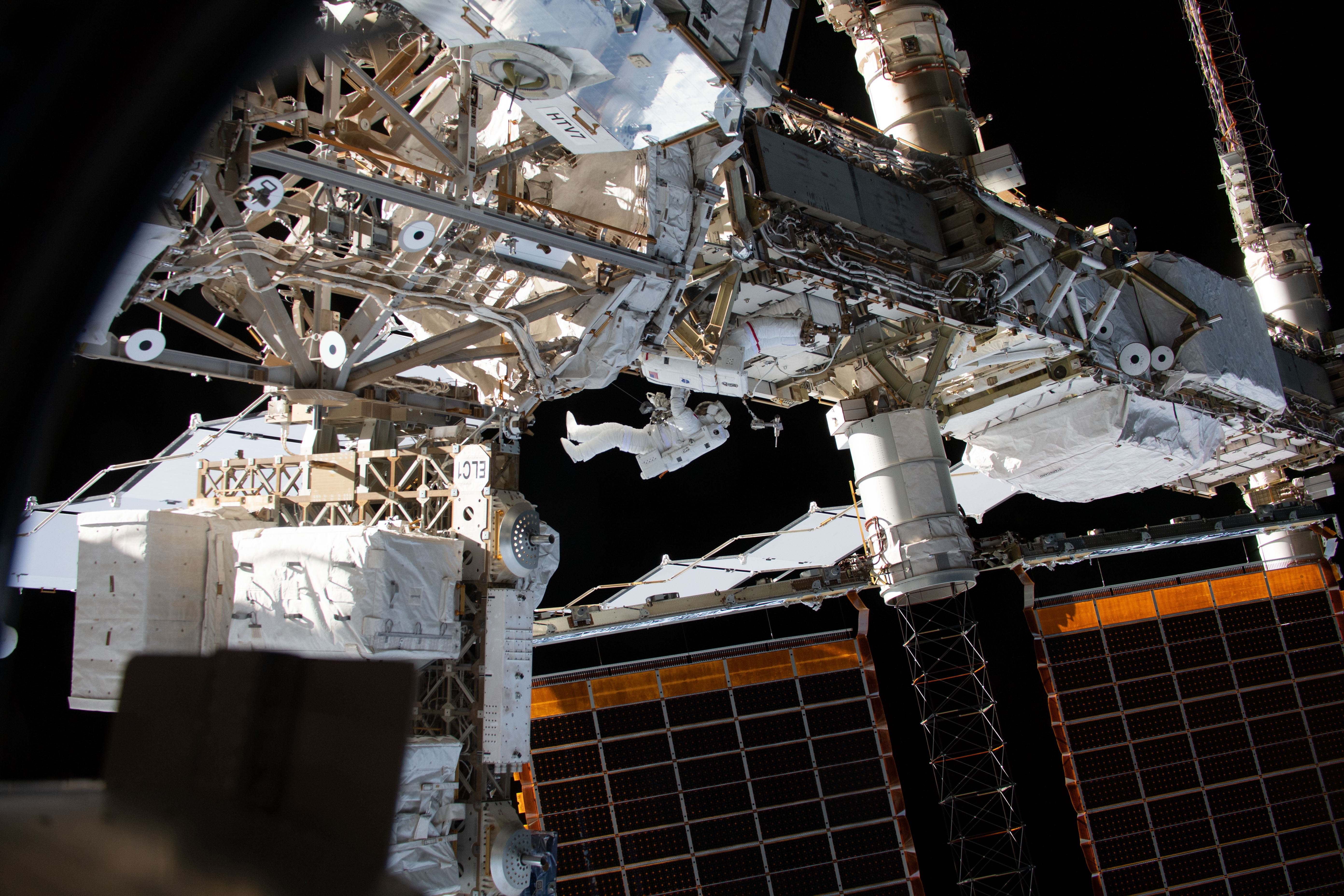 Expedition 59 Flight Engineers Anne McClain of NASA (red stripes) and David Saint-Jacques of the Canadian Space Agency are seen while working outside the International Space Station. In a six and a half hour spacewalk, McClain and Saint-Jacques successfully established a redundant path of power to the Canadian-built robotic arm, known as Canadarm2, and installed cables to provide for more expansive wireless communications coverage outside the orbital complex, as well as for enhanced hardwired computer network capability. The duo also relocated an adapter plate from the first spacewalk in preparation for future battery upgrade operations.
