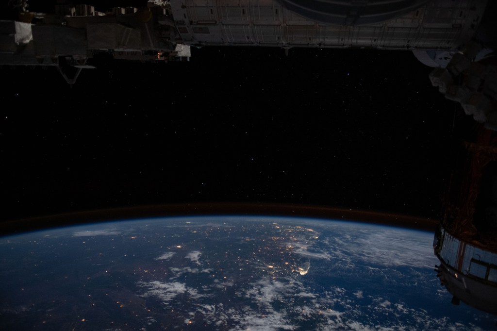 This starry nighttime shot of Rio de Janeiro and surrounding cities on the Brazilian coast was taken as the International Space Station orbited above São Paulo heading northeast above the South American continent before going over the Atlantic Ocean.