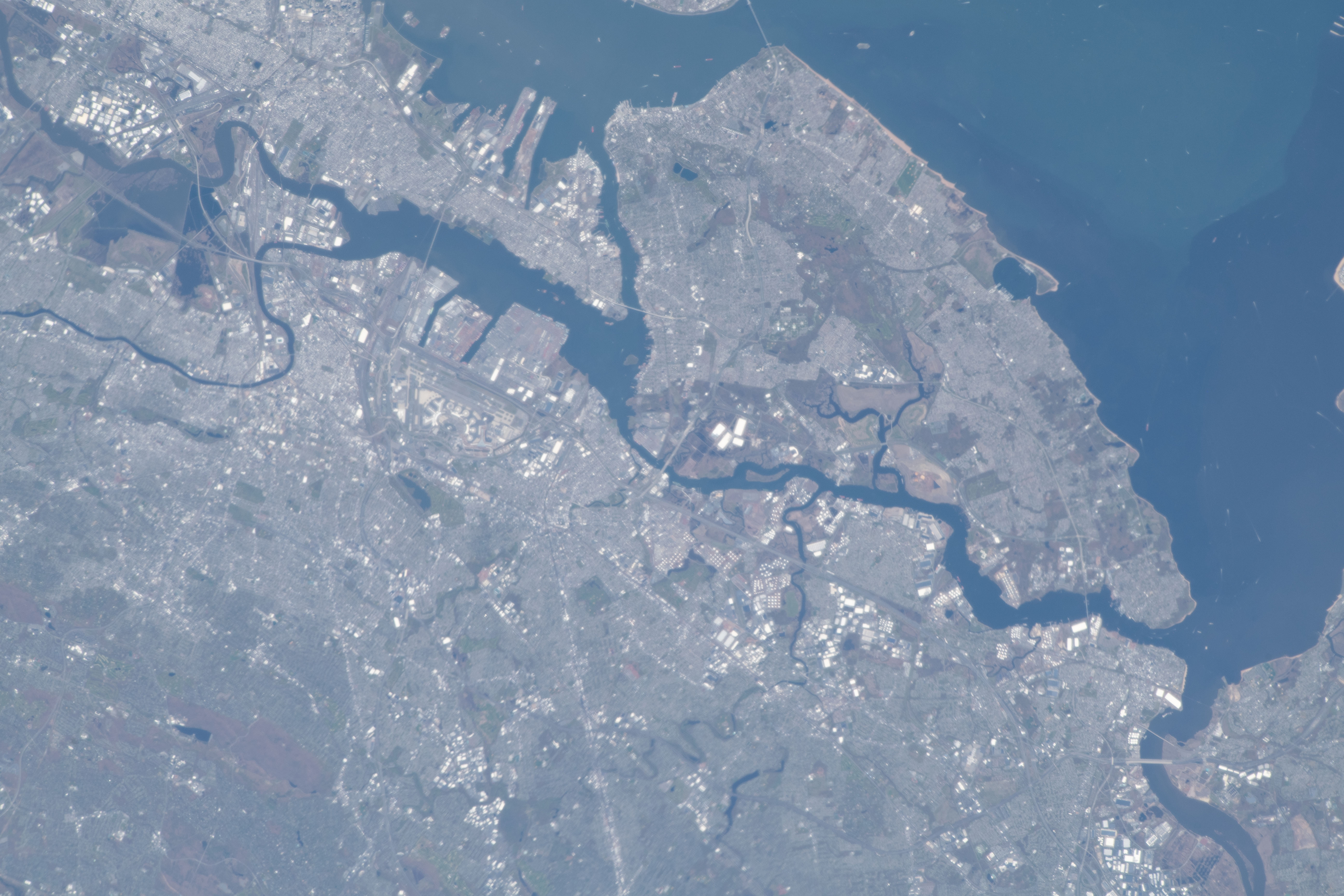 The New York City borough of Staten Island and the New Jersey metropolitan area figure prominently in this image taken from the International Space Station as it orbited above the northeastern United States.