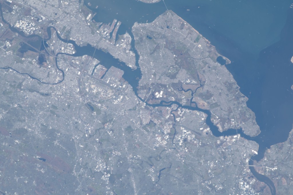 The New York City borough of Staten Island and the New Jersey metropolitan area figure prominently in this image taken from the International Space Station as it orbited above the northeastern United States.