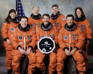 The STS-73 crew. On the front row, left to right, are Albert Sacco Jr., payload specialist; Kent V. Rominger, pilot; and Michael E. Lopez-Alegria, mission specialist. On the back row are, left to right, Catherine G. Coleman, mission specialist; Kenneth D. Bowersox, commander; Fred W. Leslie, payload specialist; and Kathryn C. Thornton, payload commander.