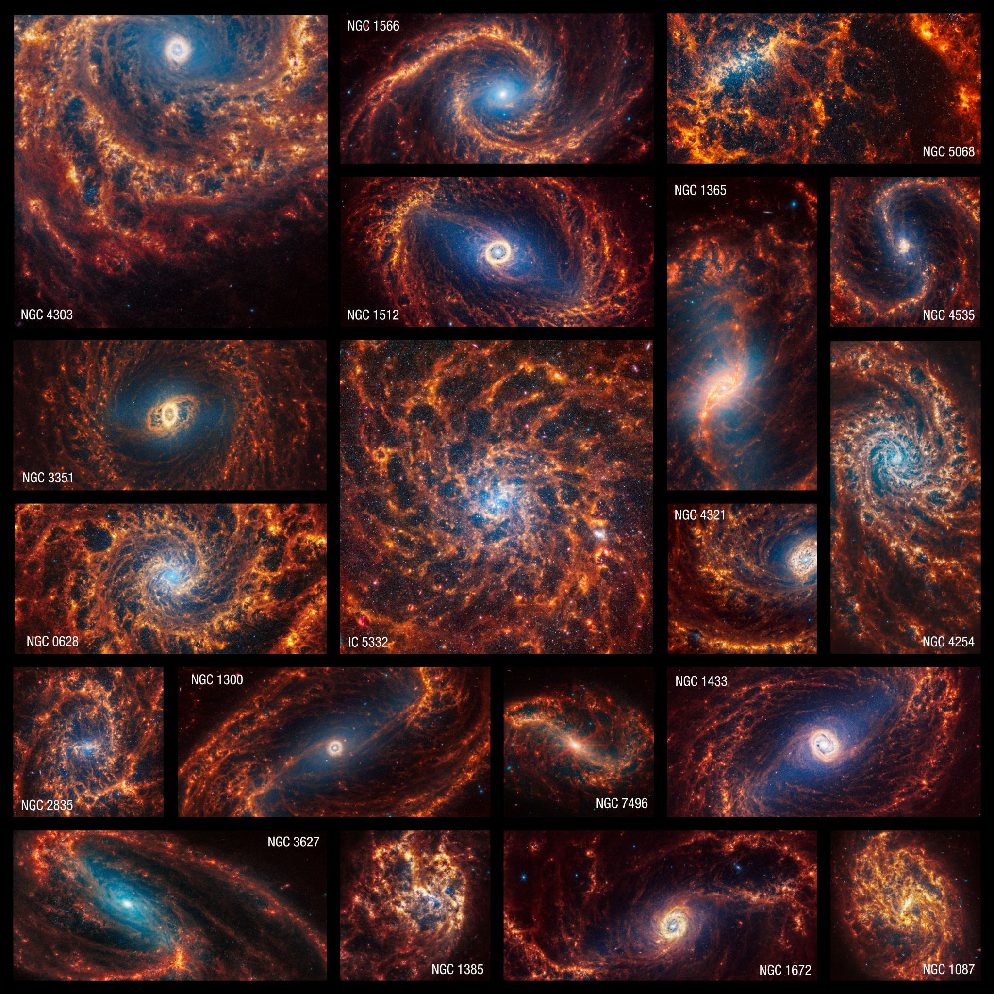 The James Webb Space Telescope observed 19 nearby face-on spiral galaxies in near- and mid-infrared light as part of its contributions to the Physics at High Angular resolution in Nearby GalaxieS, or PHANGS, program. PHANGS also includes images and data from NASA’s Hubble Space Telescope, the Very Large Telescope’s Multi-Unit Spectroscopic Explorer, and the Atacama Large Millimeter/submillimeter Array, which included observations taken in ultraviolet, visible, and radio light.