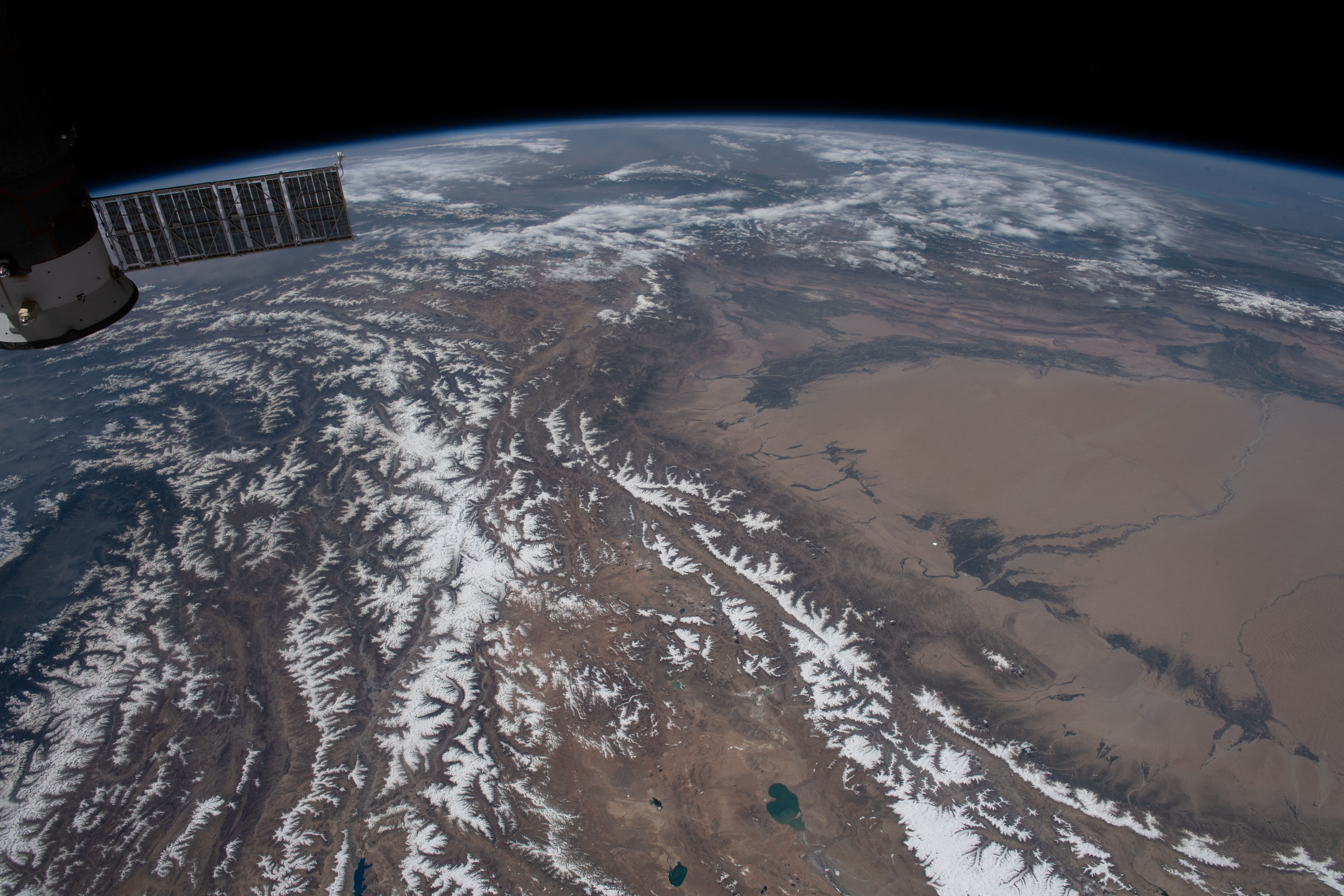 The International Space Station orbits above Tajikistan near the western border of China with the K2 mountain, the world's second-highest peak, below in the Karakoram range.