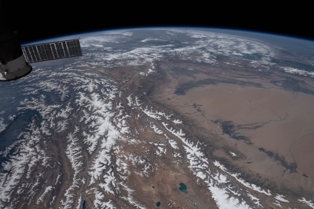 The International Space Station orbits above Tajikistan near the western border of China with the K2 mountain, the world's second-highest peak, below in the Karakoram range.
